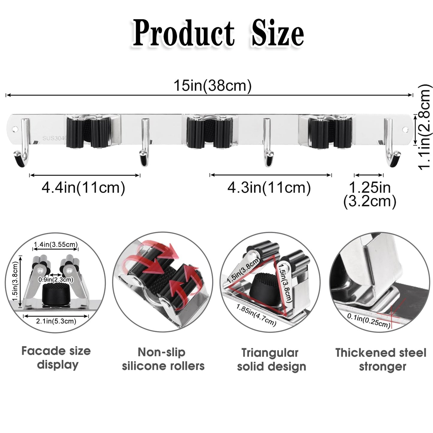 2 Pack 3 Racks and 4 Hooks Broom and Mop Holder Wall Mounted Garage Organizer Storage Tool Racks Stainless Steel Heavy Duty Hooks Self Adhesive Solid Non-slip Wall Hangers for Home Kitchen Garden