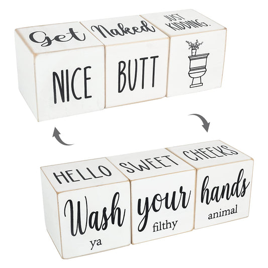 Funny Farmhouse Bathroom Decor and Accessories for Shelf, 4-Sided Wooden Blocks - Nice Butt&Get Naked&Hello Sweet Cheeks&Wash Your Hands Sign, Modern Rustic Restroom Decorations, White 2.8"
