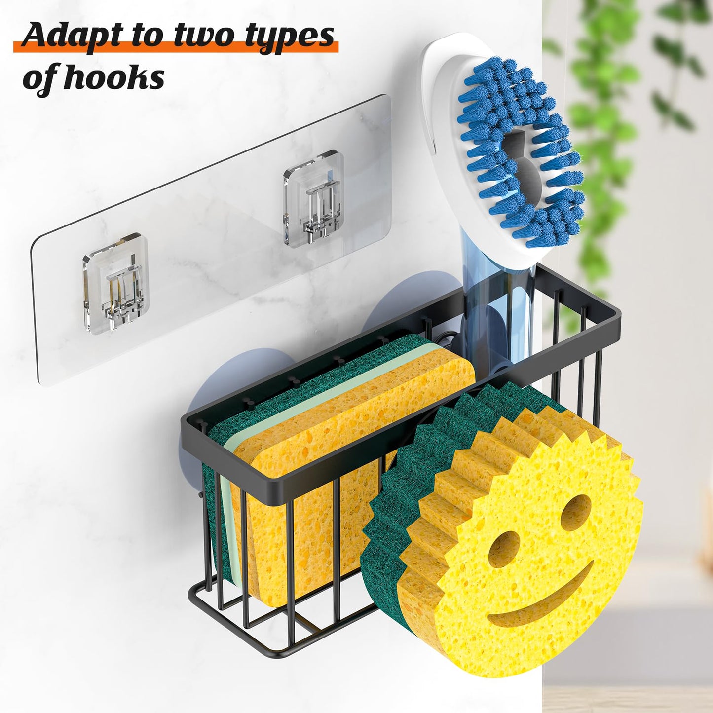 MURLONG Sponge Holder Smiley Face,Sink Caddy,Sink Organizer with 2 Suction Cups/1 Adhesive Strips,Designed for Sponge,Soap,Dish Brush,Scrubber - Black