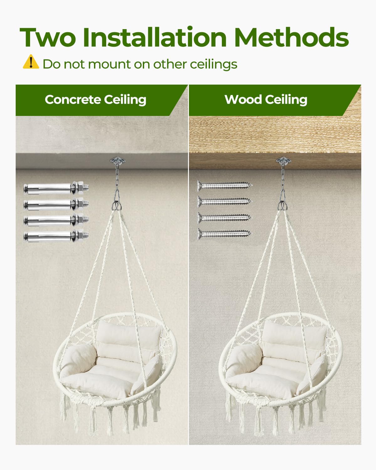 Greenstell Hammock Chair, Macrame Swing Chair with Comfy Cushion, Boho Hanging Chair for Outdoor & Indoor, Perfect for Bedroom, Patio, Balcony, Hold up to 330Lbs, White