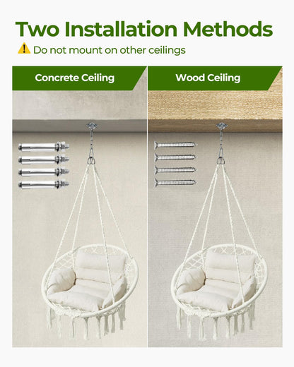 Greenstell Hammock Chair, Macrame Swing Chair with Comfy Cushion, Boho Hanging Chair for Outdoor & Indoor, Perfect for Bedroom, Patio, Balcony, Hold up to 330Lbs, White