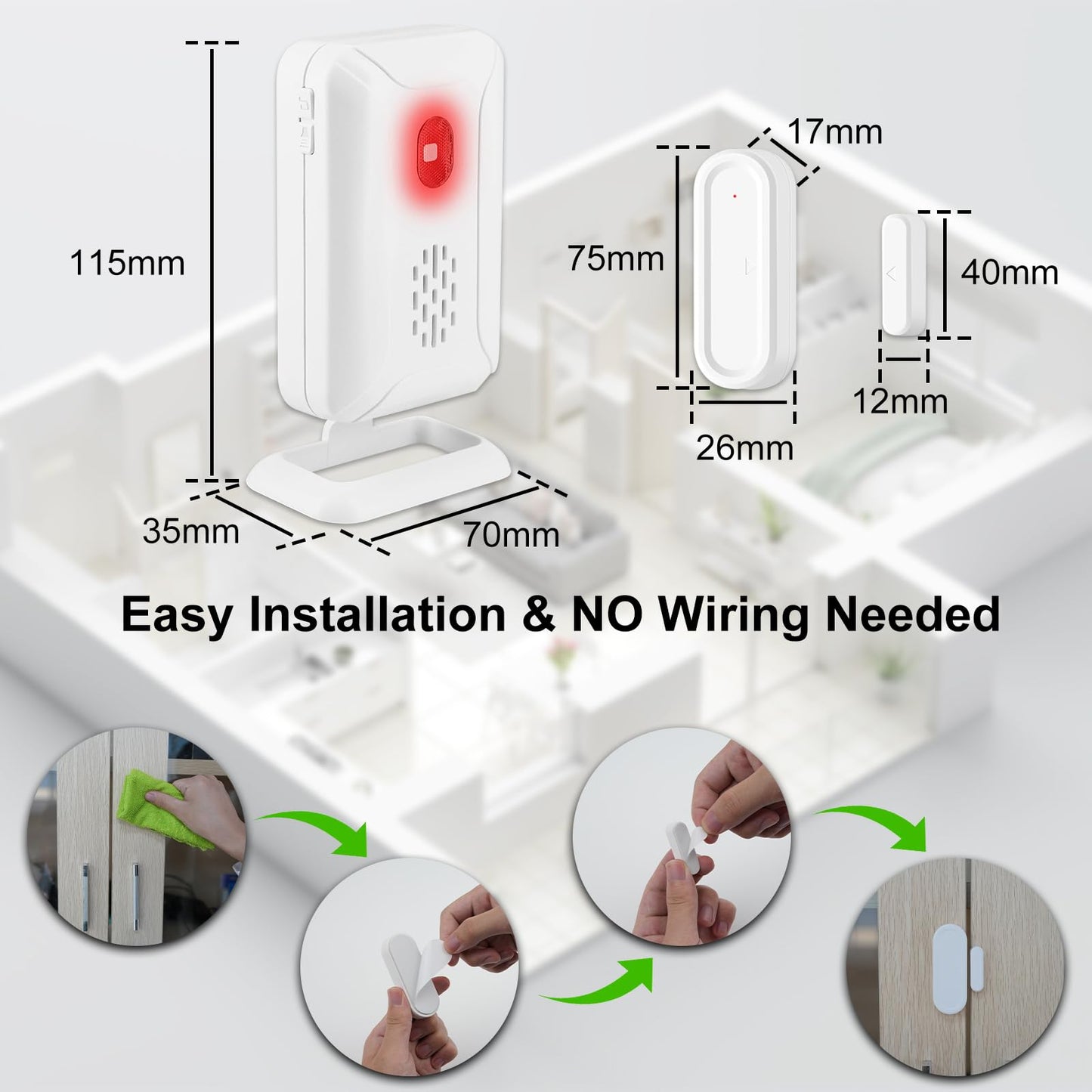 GREENCYCLE Door Chime, Wireless Door Open Chime, Door Open Contact Alarm Rechargeable, Door Sensor with Adjustable Volume, 600ft Range, 36 Chimes and Mute Mode LED Flashing, for Home/Office/Store