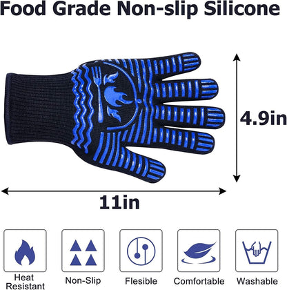 Recoty BBQ Gloves, 1472°F Extreme Heat Resistant Grill Gloves, Non-Slip Food Grade Silicone Oven Mitts for Kitchen, Cooking, Barbecue, Baking, Smoker (11inch)