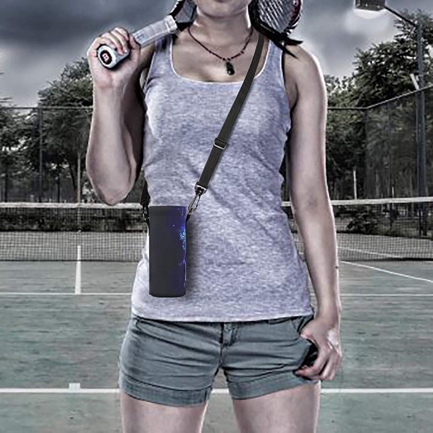 RICHEN Neoprene Water Bottle Carrier Bag with Adjustable Shoulder Strap, Insulated for 750ml/24oz Stainless Steel/Glass/Plastic Bottles (Blue Butterflies, 750ml)