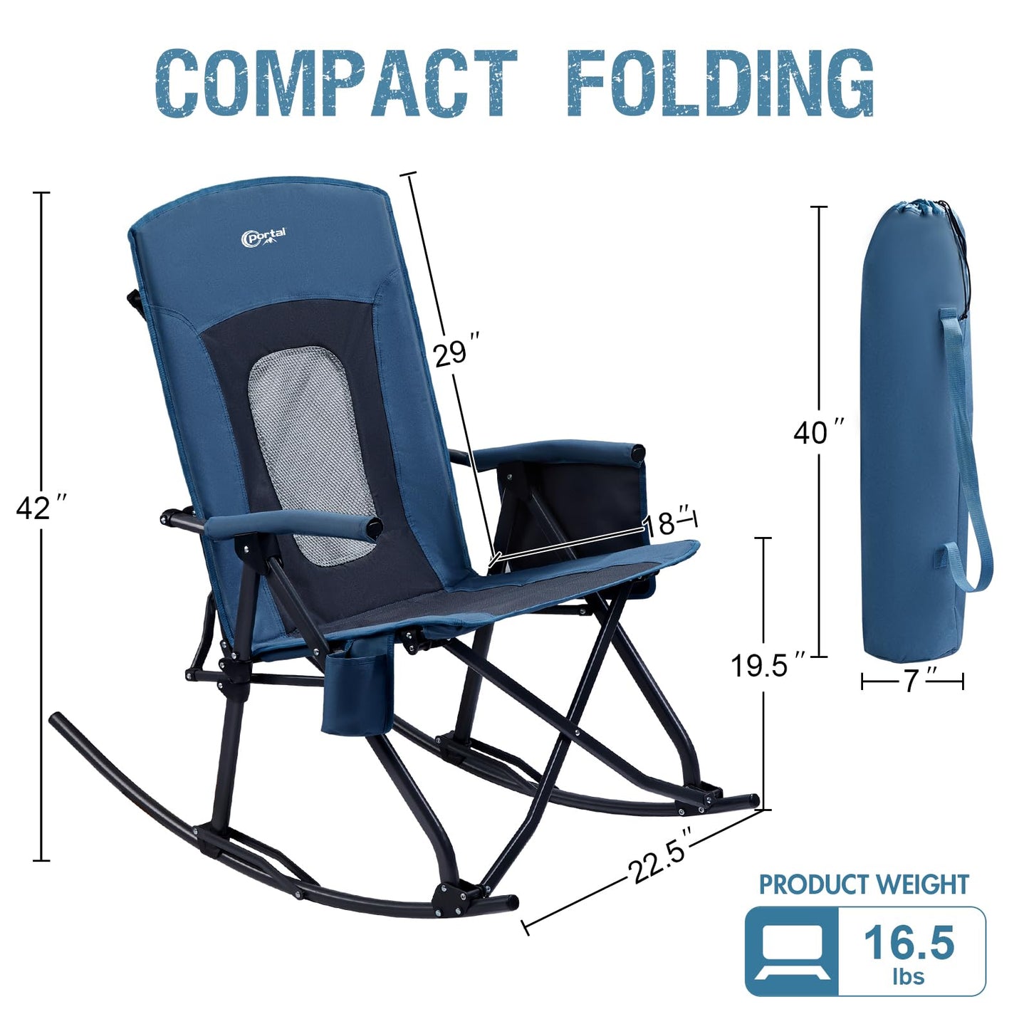 Portal Oversized Folding Rocking Camping Chair Portable Outdoor Rocker with High Back Hard Armrests Carry Bag, Supports 400 lbs, Mesh Back, Blue