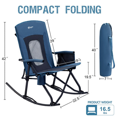 Portal Oversized Folding Rocking Camping Chair Portable Outdoor Rocker with High Back Hard Armrests Carry Bag, Supports 400 lbs, Mesh Back, Blue