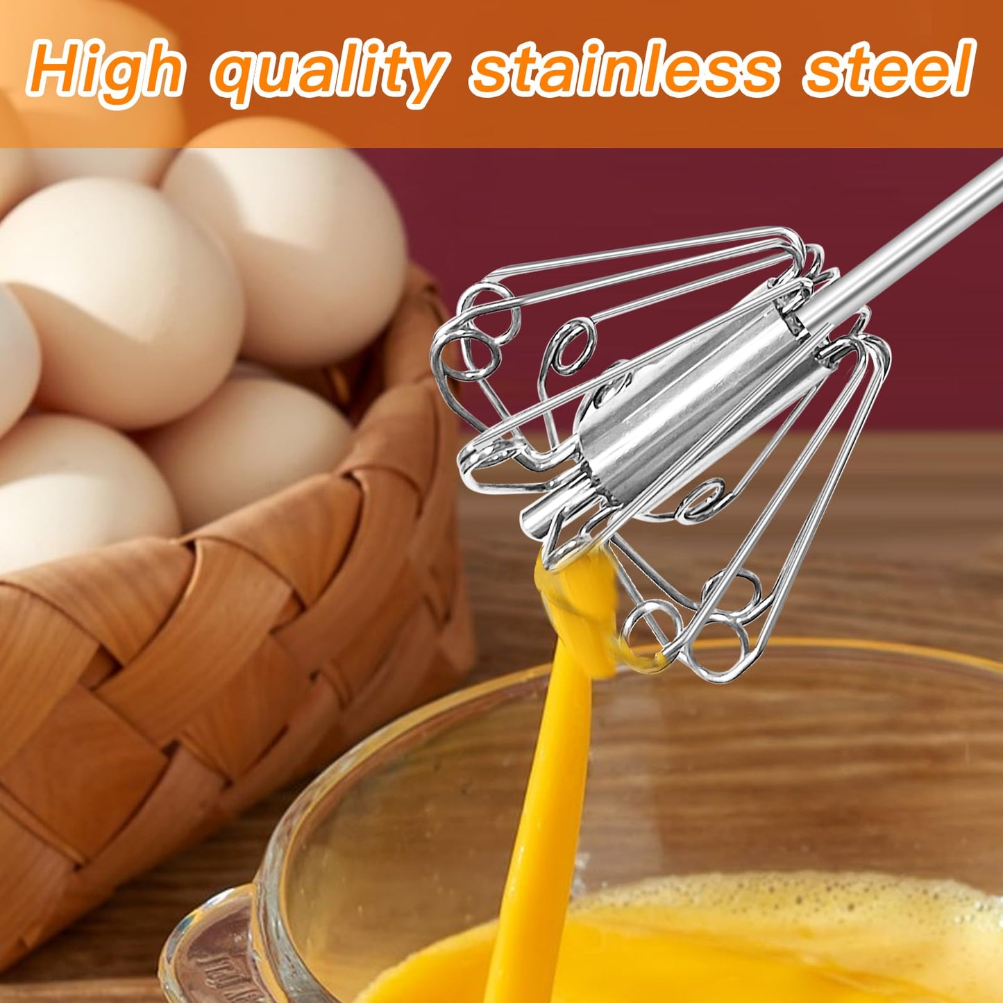 Qukaka Hand mixer egg beater,stainless steel semi automatic whisk,egg spinner,wisking tool,whipped cream dispenser,easy whisks for cooking,Beating&Stirring(12in)