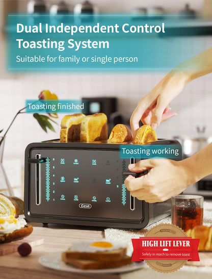 Gevi Toaster 4 Slice,Led Display Touchscreen Bagel Toaster with Dual Control Panels of Bagel/Reheat/Defrost/Cancel/Toasting One Slice/Longer Function,6 Shade Setting