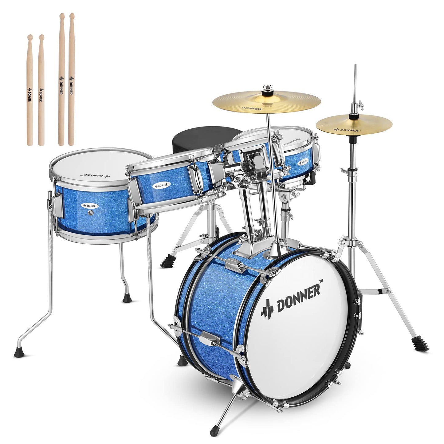 Kids Drum Sets-Donner 5-Piece for Beginners,14 inch Junior Drum Kit, with Adjustable Throne, Cymbal, Hi-Hat, Pedal & Drumstick, Present for Child-Blue