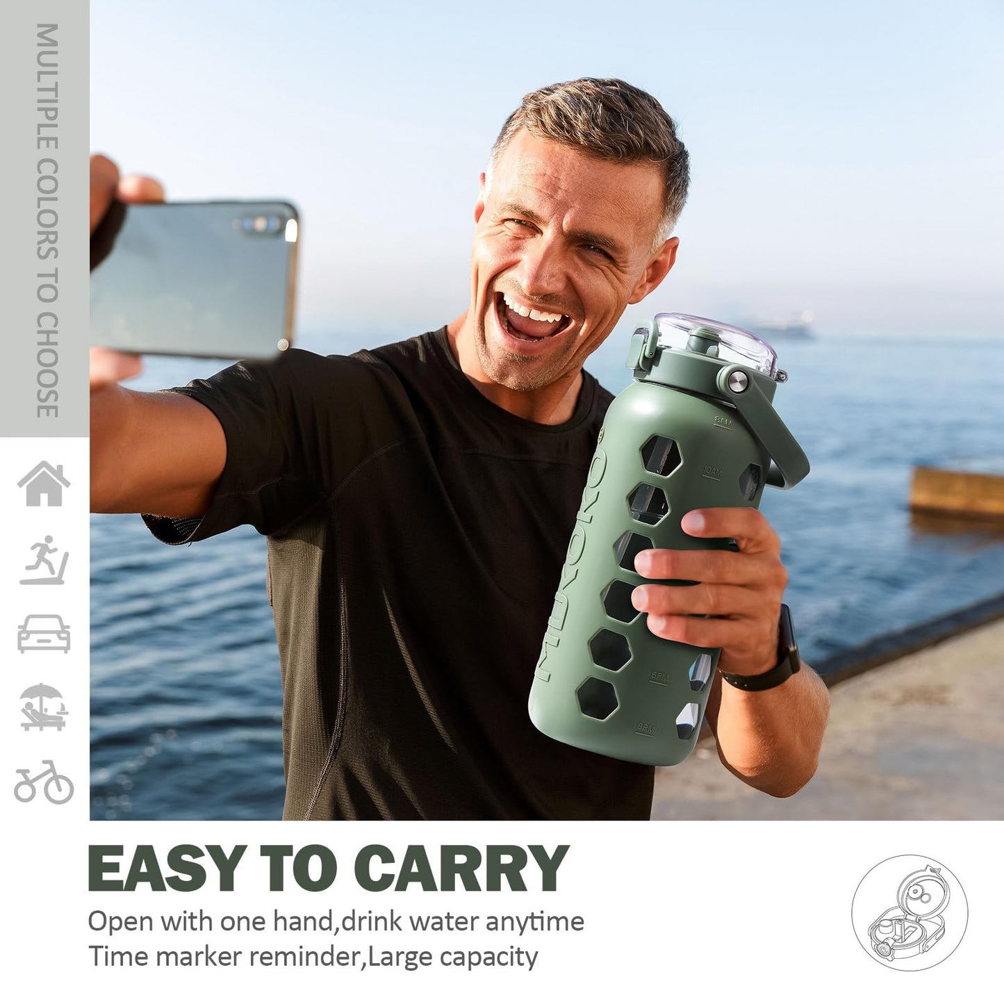 MUKOKO Half Gallon/64 oz Glass Water Bottles with Straw and Lid,Motivational Water Jug with Time Marker Reminder and Silicone Sleeve,100% Leakproof BPA Free Fitness Sports Large Bottle-Olive