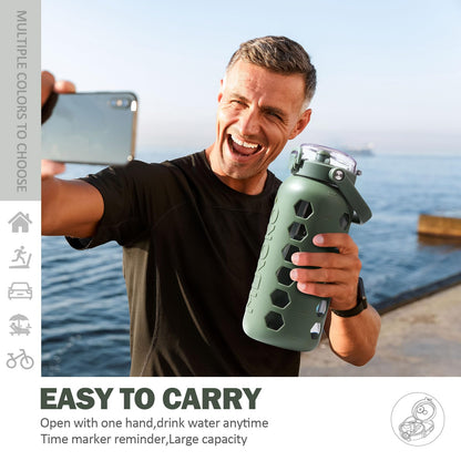 MUKOKO Half Gallon/64 oz Glass Water Bottles with Straw and Lid,Motivational Water Jug with Time Marker Reminder and Silicone Sleeve,100% Leakproof BPA Free Fitness Sports Large Bottle-Olive