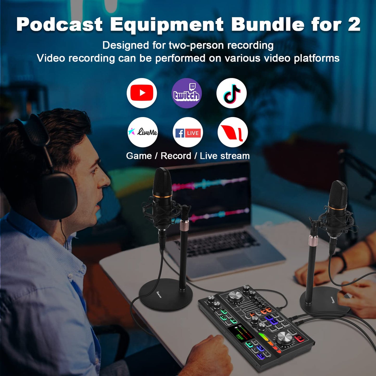 Podcast Equipment Bundle for 2, Audio Mixer with Condenser Microphone and 48V Phantom Power Supply Audio Interface for Live Stream Record Game