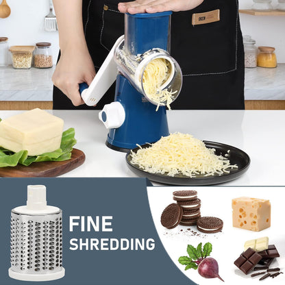KEOUKE Rotary Cheese Grater with Handle - 3 Changeable Blades for Cheese, Vegetables, Nuts - Blue