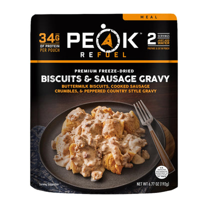 Peak Refuel Biscuits & Sausage Gravy | Freeze Dried Backpacking, Camping & Emergency Prep Food | 2 Servings Pouches