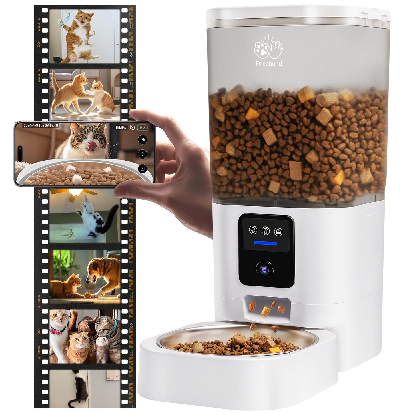 Frienhund Automatic Cat Feeder with 2K HD Camera: Automatic Dog Feeder with Night Vision, Cat Food Dispenser with 5G WiFi for Multiple Pet, Detachable for Easy Clean - 29 Cup （7L Large Capacity）