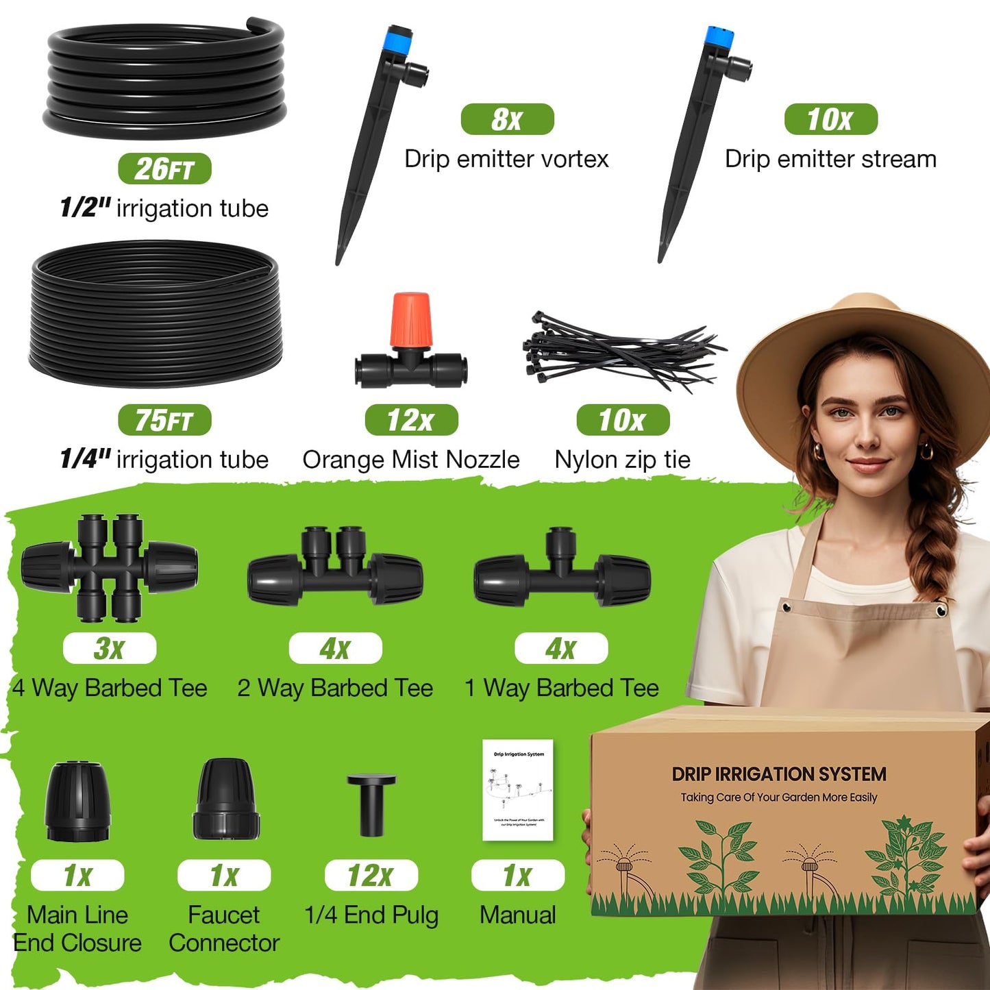 MIXC Greenhouse Micro Drip Irrigation Kit Automatic Irrigation System Patio Misting Plant Watering System with 1/4 inch 1/2 inch Irrigation Tubing Hose Adjustable Nozzle Emitters Barbed Fittings