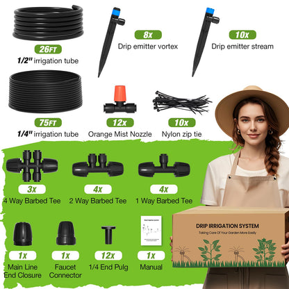 MIXC Greenhouse Micro Drip Irrigation Kit Automatic Irrigation System Patio Misting Plant Watering System with 1/4 inch 1/2 inch Irrigation Tubing Hose Adjustable Nozzle Emitters Barbed Fittings
