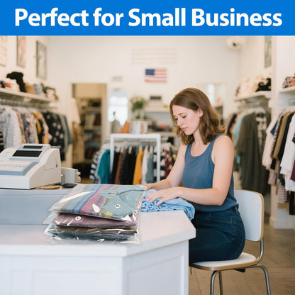 PigPotParty 10" x 13" Clear Plastic T-Shirt Bags with Clothing Size Stickers, 100 Pcs Cellophane Shirt Sleeves Packaging Bags for Small Business, Thick, Self-adhesive & Resealable