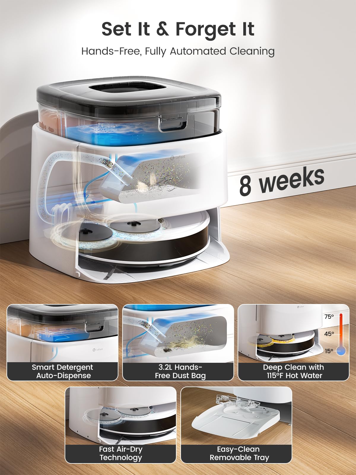 Lefant M3 Robot Vacuum, Robot Vacuum and Mop, 12000Pa Suction, Anti-Tangle Brushes, Dual Spinning Mop, Auto Mop Washing, Drying, Self-Emptying, Self-Refilling, for Pet Hair Dust, App Voice Control