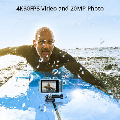 AKASO Brave 6 Plus Native 4K30FPS 20MP WiFi Action Camera with Touch Screen EIS 4X Zoom Voice Control Remote Control 131 Feet Underwater Camera with 2X 1350mAh Batteries and Helmet Accessories Kit