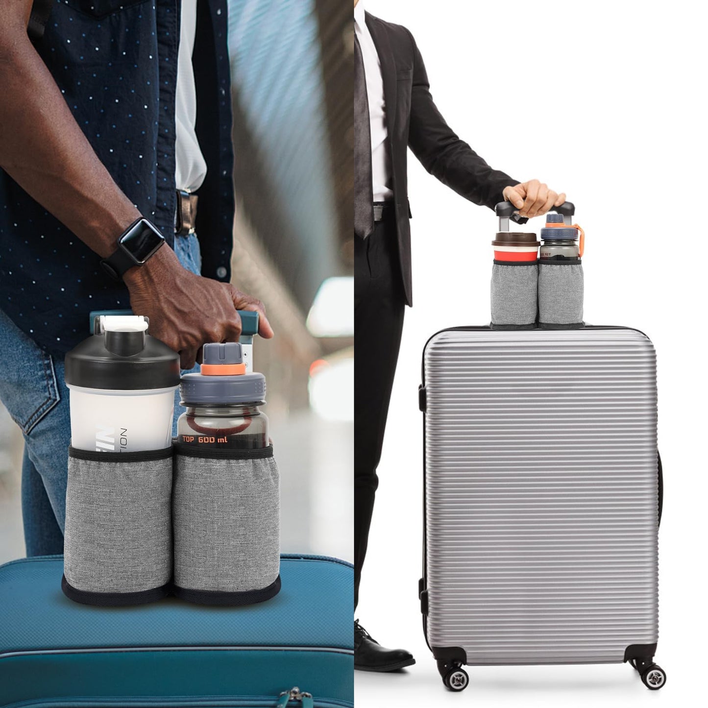 Luggage Cup Holder for Suitcases Free Hands, Travel Accessories, Luggage Cup Caddy Gifts, Beverage Holder, Universal Luggage Accessories for Flight Attendants, Business Travelers, Grey