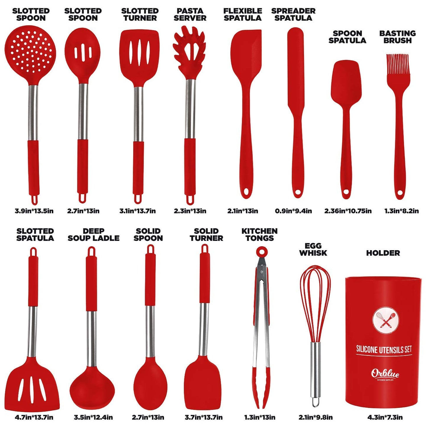 ORBLUE Silicone Cooking Utensil Set, 14-Piece Kitchen Utensils with Holder, Safe Food-Grade Silicone Heads and Stainless Steel Handles with Heat-Proof Silicone Handle Covers, Red