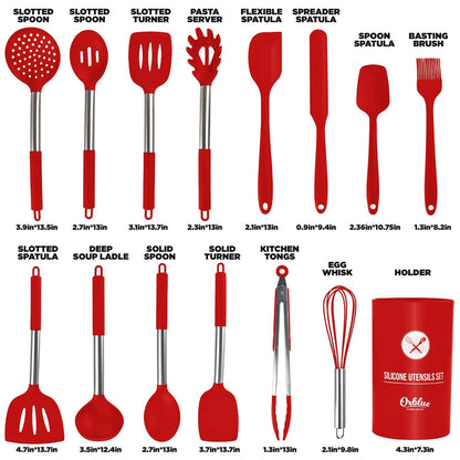 ORBLUE Silicone Cooking Utensil Set, 14-Piece Kitchen Utensils with Holder, Safe Food-Grade Silicone Heads and Stainless Steel Handles with Heat-Proof Silicone Handle Covers, Red