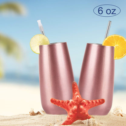 Lifecapido 6 Pack Stemless Double Insulated Champagne Flute Tumbler with Lid, 6 Oz Unbreakable Reusable Cocktail Champagne Toasting Glasses, Good Gift for Friends Family Christmas Birthday, Rose Gold