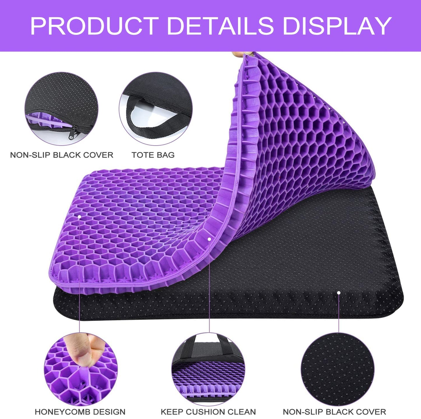 Fzitiy Gel Seat Cushion, for Long Sitting -Double Thick Gel Seat Cushion Breathable Honeycomb Chair Cushion with Non-Slip Cover for Office Chair Car, Wheelchair, Long Trips,Relief Sciatica Pain