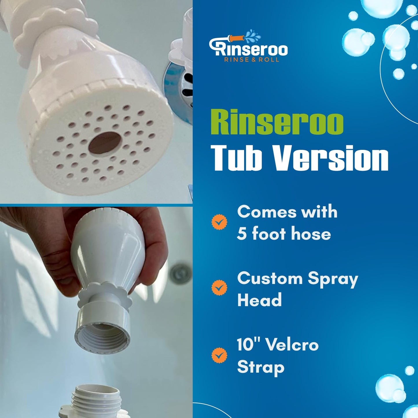 Rinseroo Slip-On Bathtub Faucet Sprayer Attachment. Ultra-Flex Dog Shower Adapter Portable With Pet Showerhead. Attach to Tub Spout 5 Foot Hose. No Install for Speedy Washing