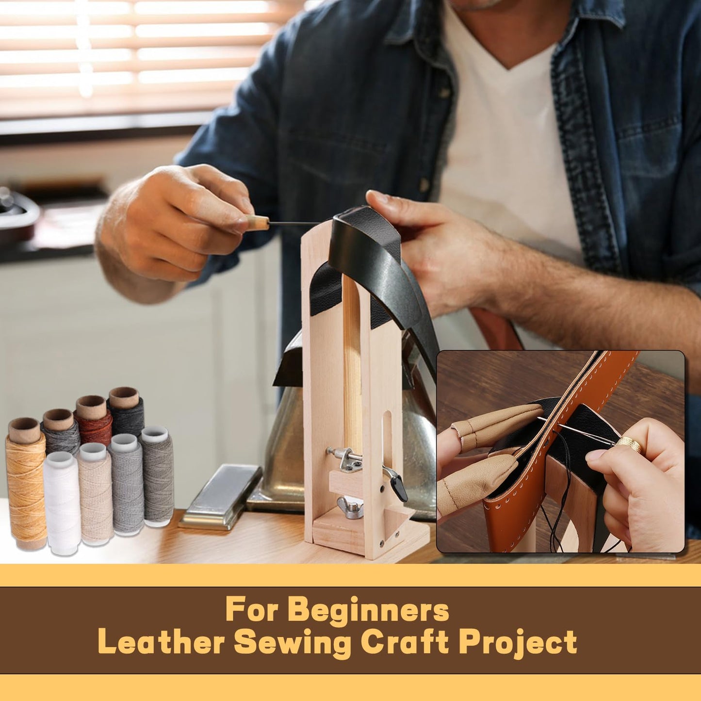 LUNARM Leather Stitching Pony - Leather Pony Clamp Table Desktop Pony Horse Clamp with Large Eye Sewing Needles Waxed Thread Sewing Thread Awls Nail Files for DIY Leather Hand Stitching