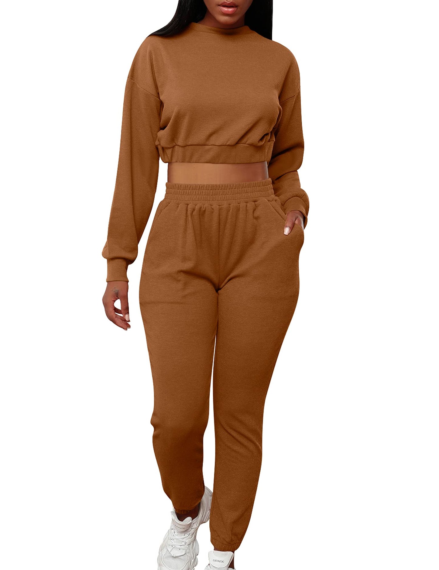 Mizoci Women's 2 Piece Outfits Lounge Jogger sets Long Sleeve Crop Top Pant Sweat Suit Tracksuit,Large,Coffee
