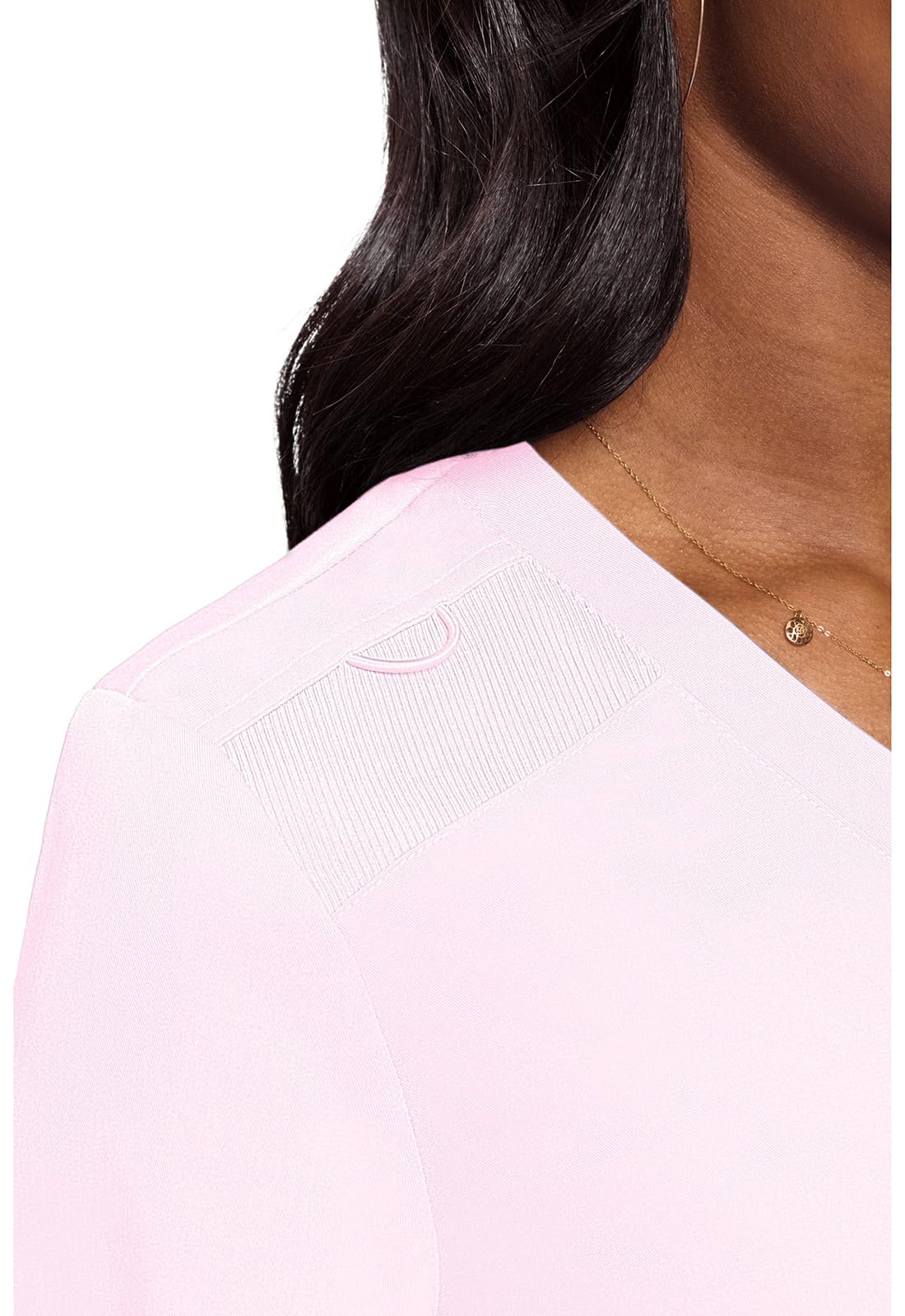 Med Couture Women's V-Neck Scrub Top, Modern Fit Tuck-in Top with Stretchy Rib-Knit Shoulders and Chest Pocket - MC7448, XS, Ice Pink