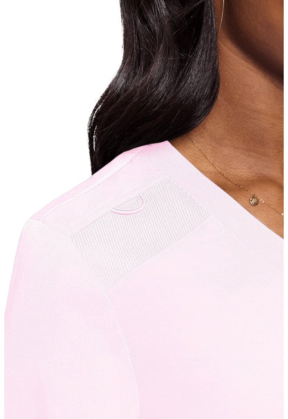 Med Couture Women's V-Neck Scrub Top, Modern Fit Tuck-in Top with Stretchy Rib-Knit Shoulders and Chest Pocket - MC7448, XS, Ice Pink