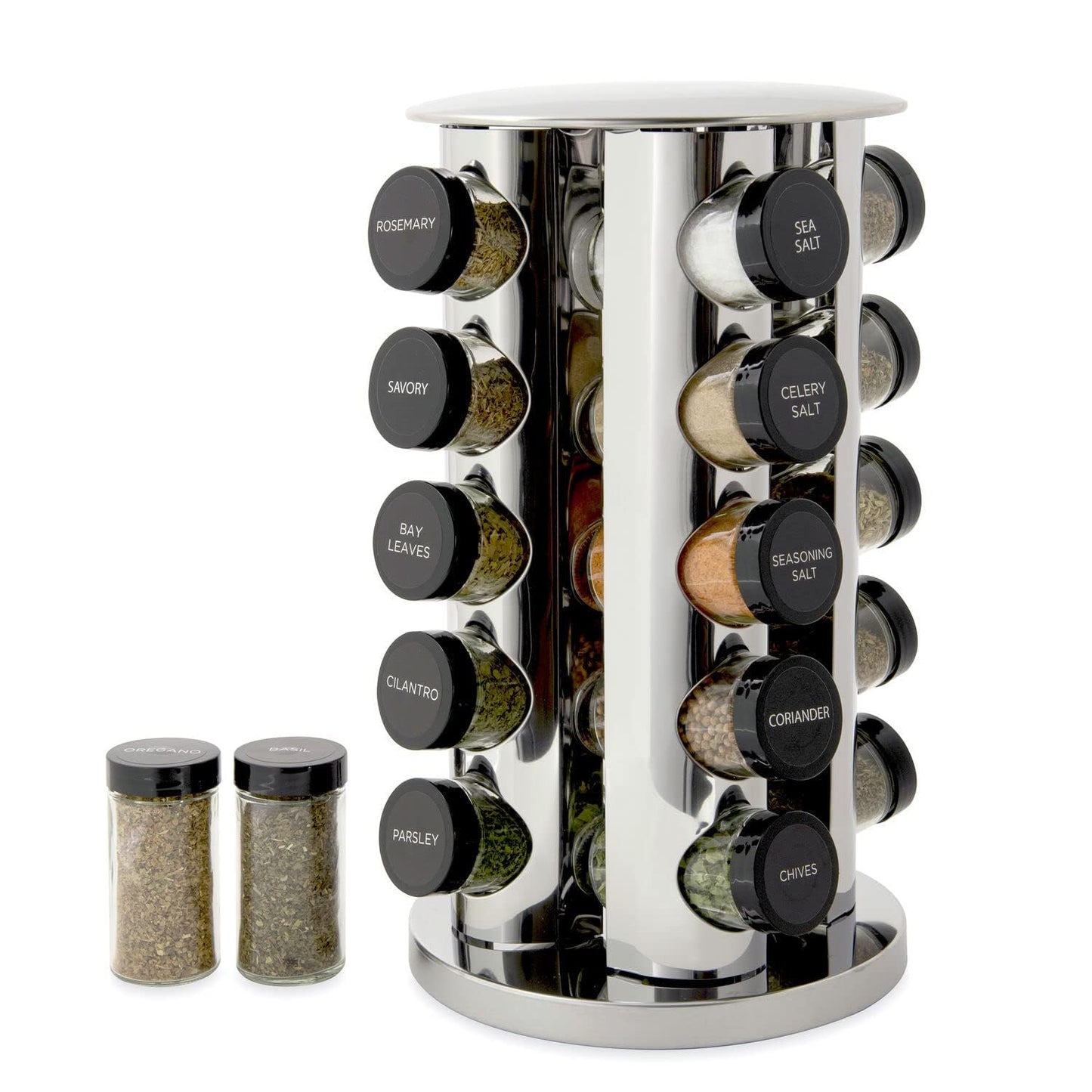 Kamenstein 20 Jar Revolving Countertop Spice Rack with Spices Included, FREE Spice Refills for 5 Years, Polished Stainless Steel with Black Caps, 30020