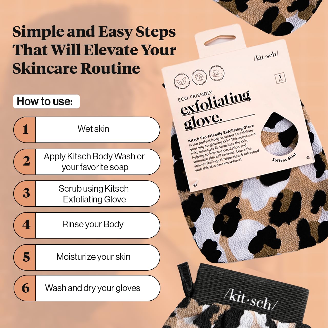 Kitsch Exfoliating Glove – Korean Exfoliating Mitt & Deep Exfoliating Body Scrubber for Shower, Bath | Body Exfoliator, Dead Skin Remover | Skin Care for Smooth, Renewed Skin - 1pc, Leopard