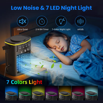 Portable Air Conditioners, Mini Air Conditioner Portable Cooling Fan with Remote Control, 3 Wind Speed & 3 Mist Level & 2-8H Timer & 7 LED Light Evaporative Air Cooler for Home Office Room, Black