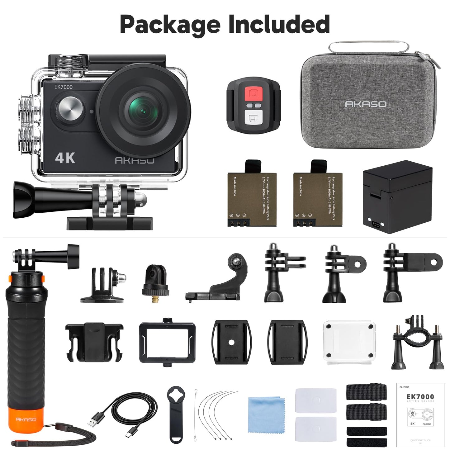 AKASO EK7000 4K30fps 20MP Action Camera EIS Ultra HD 131FT Waterproof Underwater Camera with Waterproof Floating Hand Grip Bundle and Carrying Case Helmet Accessories Kit Bundle