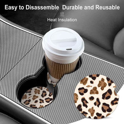 Absorbent Car Coasters 2 Pack for Women,Fashion Luxury Design Car Coaster for Drinks,Ceramic Stone Car Cup Holder with A Finger Notch,Rose Gold Leopard