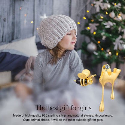 Lotus Fun S925 Sterling Silver Earrings Bee and Dripping Honey Asymmetric Stud Earrings, Creative Handmade Unique Jewelry Gifts for Women (Gold)