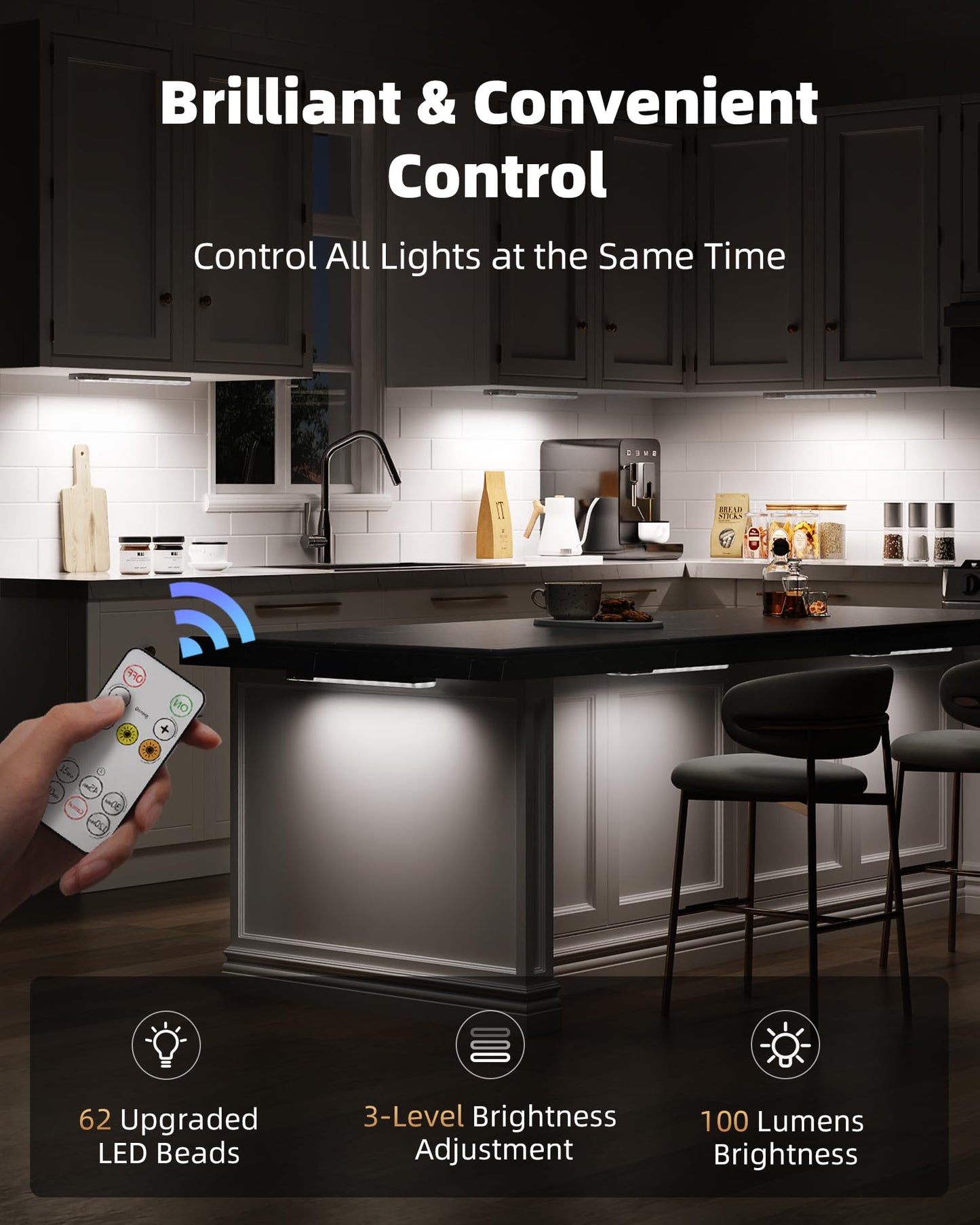 EZVALO 6-Pack Under Cabinet Lighting with Charging Station, 2000mAh Rechargeable Wireless Motion Sensor Lights, 3 Color Temps, Dimmable, Timer, Magnetic, with Remote Control for Kitchen, Closet, Stair