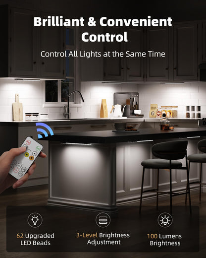 EZVALO 6-Pack Under Cabinet Lighting with Charging Station, 2000mAh Rechargeable Wireless Motion Sensor Lights, 3 Color Temps, Dimmable, Timer, Magnetic, with Remote Control for Kitchen, Closet, Stair