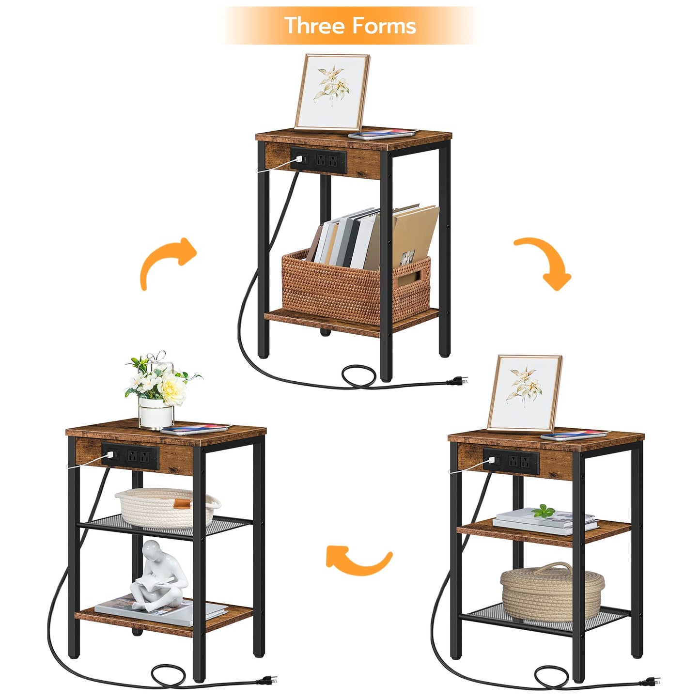 HOOBRO Side Table with Charging Station and USB Ports, Small End Table for Small Space, 3-Tier Nightstand with Adjustable Shelf, for Living Room, Bedroom and Balcony, Rustic Brown BF112BZ01