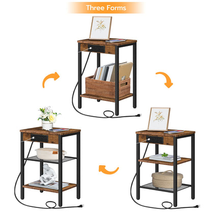 HOOBRO Side Table with Charging Station and USB Ports, Small End Table for Small Space, 3-Tier Nightstand with Adjustable Shelf, for Living Room, Bedroom and Balcony, Rustic Brown BF112BZ01