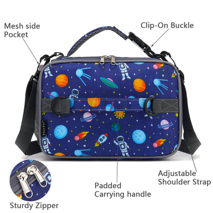 FlowFly Kids Lunch Bag, Durable Insulated School Lunch Box with Shoulder Strap and Bottle Holder, Water-resistant Thermal Small Lunch Cooler Tote for Teen Boys & Girls,Astronaut