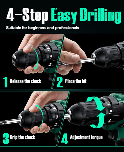 KIMO 20V Cordless Drill Set with 2 Packs 2.0Ah Battery, Max 350 In-lb Torque, 1350 RPM, 3/8" Keyless Chuck, 18+2 Clutch Setting, 18pcs Accessories, Power Drill for Drilling Wood Bricks Walls Metal