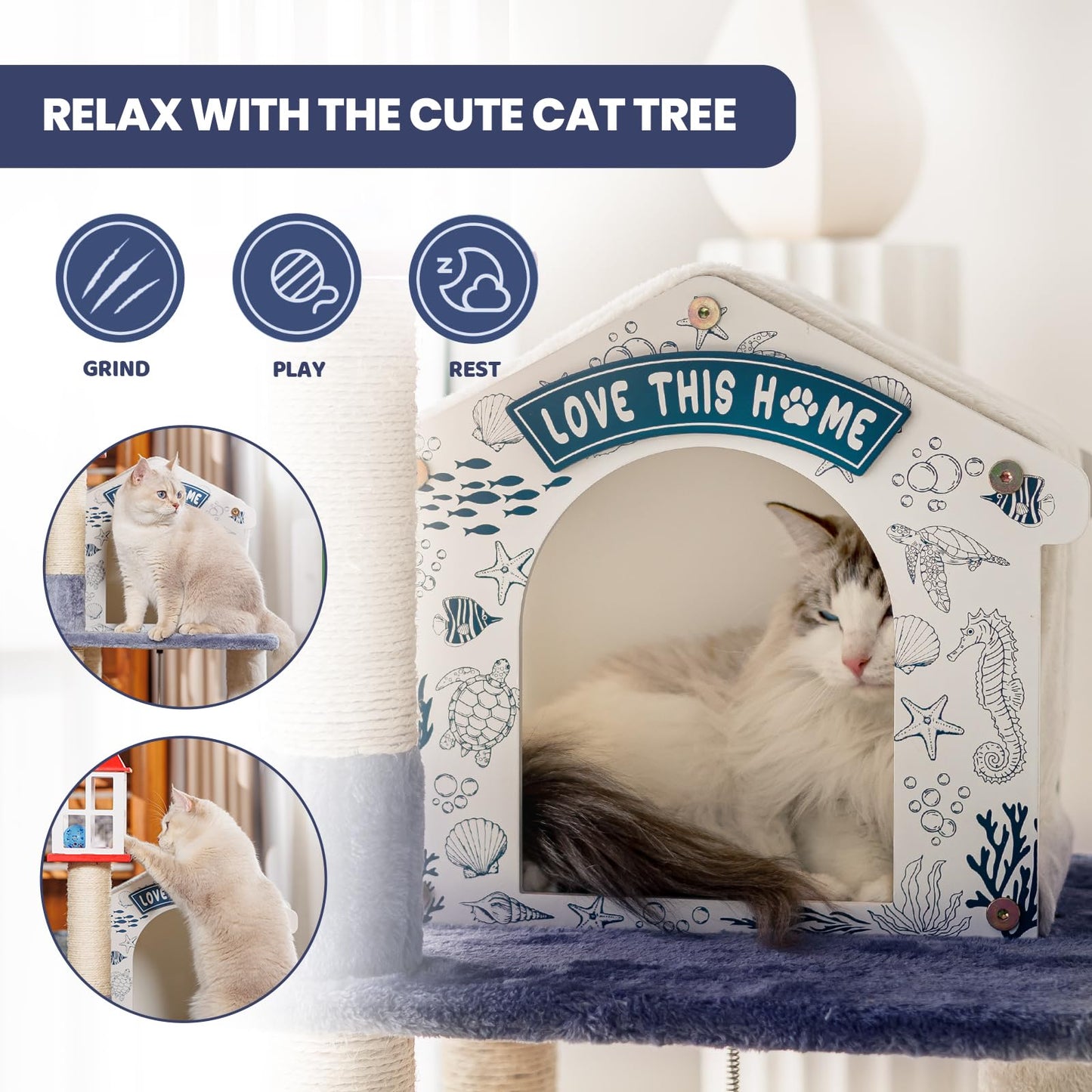 HYABi 43.5-Inch Novelty House Seagull Buoy Collapsible Cat Tree Tower Condo Bed Furniture Plush Ball Toy Fish Platforms Multi-Level with Scratching Posts Play for Indoor Cats