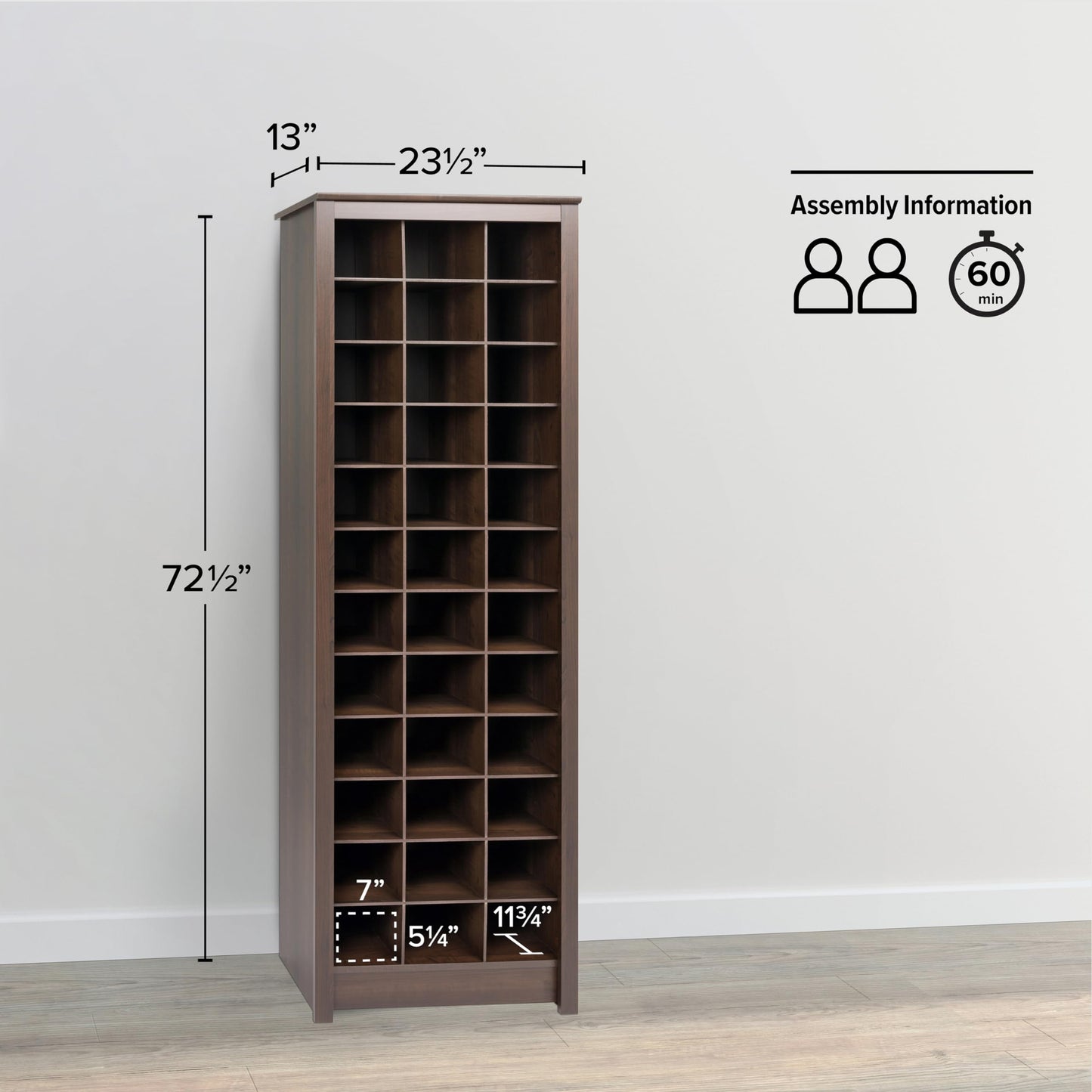 Prepac Elegant Brown Shoe Storage Cabinet, Space-Saving Solution with Cubbies for 36 Pairs, 13"D x 23.5" W x 72.5" H