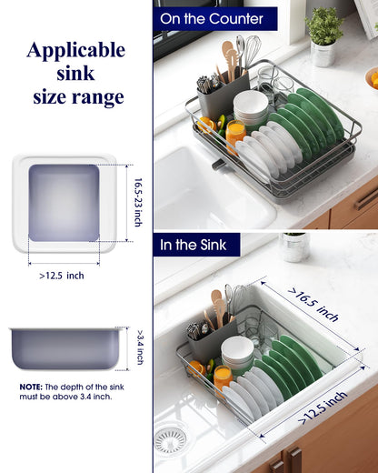 Kitsure Dish Drying Rack for Kitchen Counter, Stainless Steel Sink Organization and Storage Essentials with Cutlery Holder, Home and Appartment Decor, 12''W x 15.5''L, Grey
