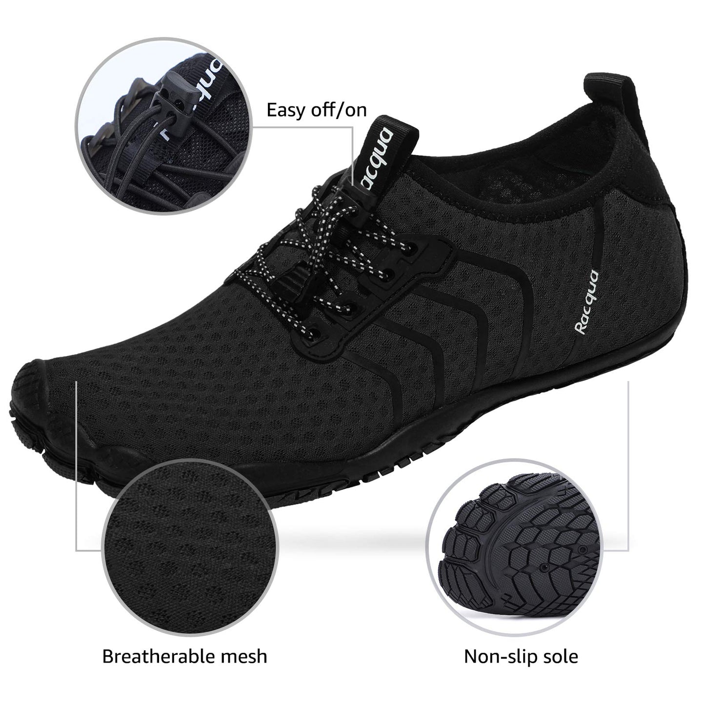 Racqua Water Shoes Quick Dry Barefoot Beach Aqua Sport Swim Surf Pool Hiking Diving Walking for Men Women Black 11 W/10 M